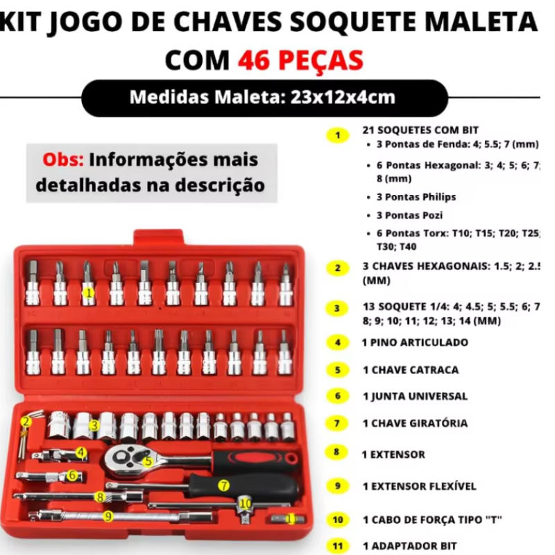 Kit Ferramentas 46 Peças Com Chave Catraca Reversível