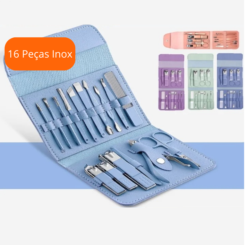 Kit c/ 16 Pçs Cortador De Unhas Conjunto De Ferramentas Em Aço Inoxidável Com Bolsa Dobrável